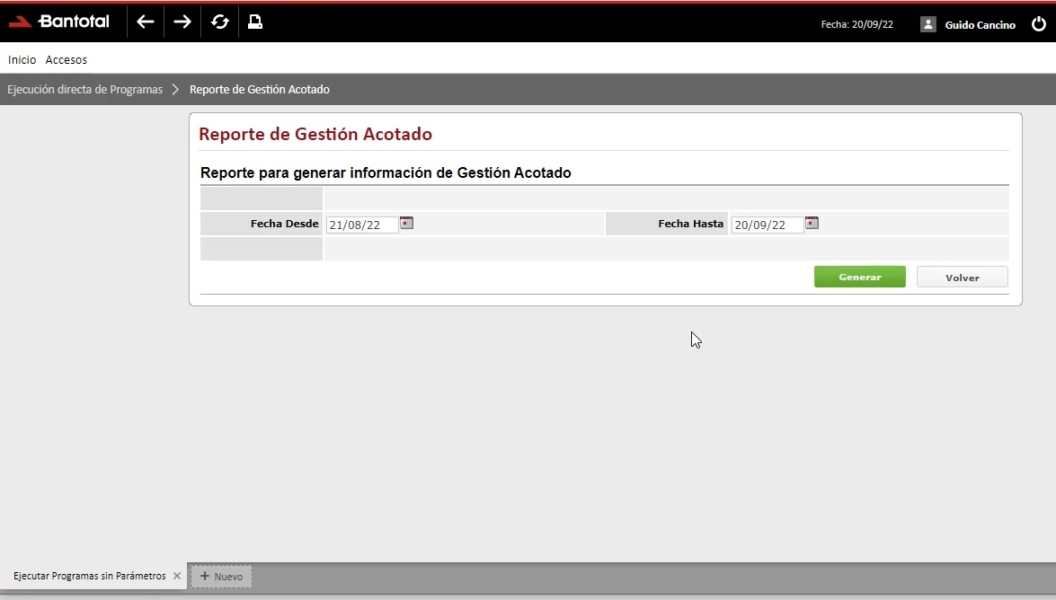 Imagen del reporte acotado del sistema web Bantotal con Descartes y GeneXus