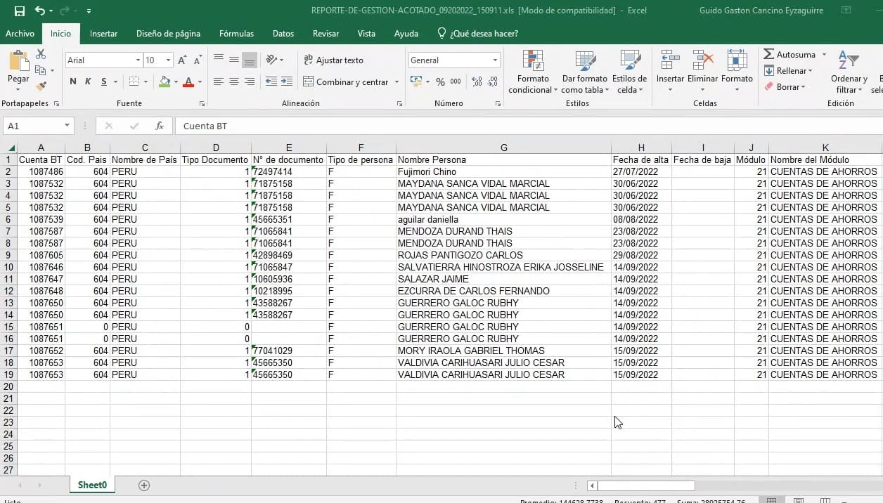 Imagen del reporte acotado del sistema web Bantotal con Descartes y GeneXus